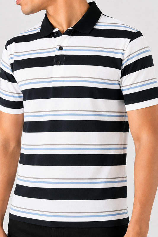 Mens Stripper Polo White Navy