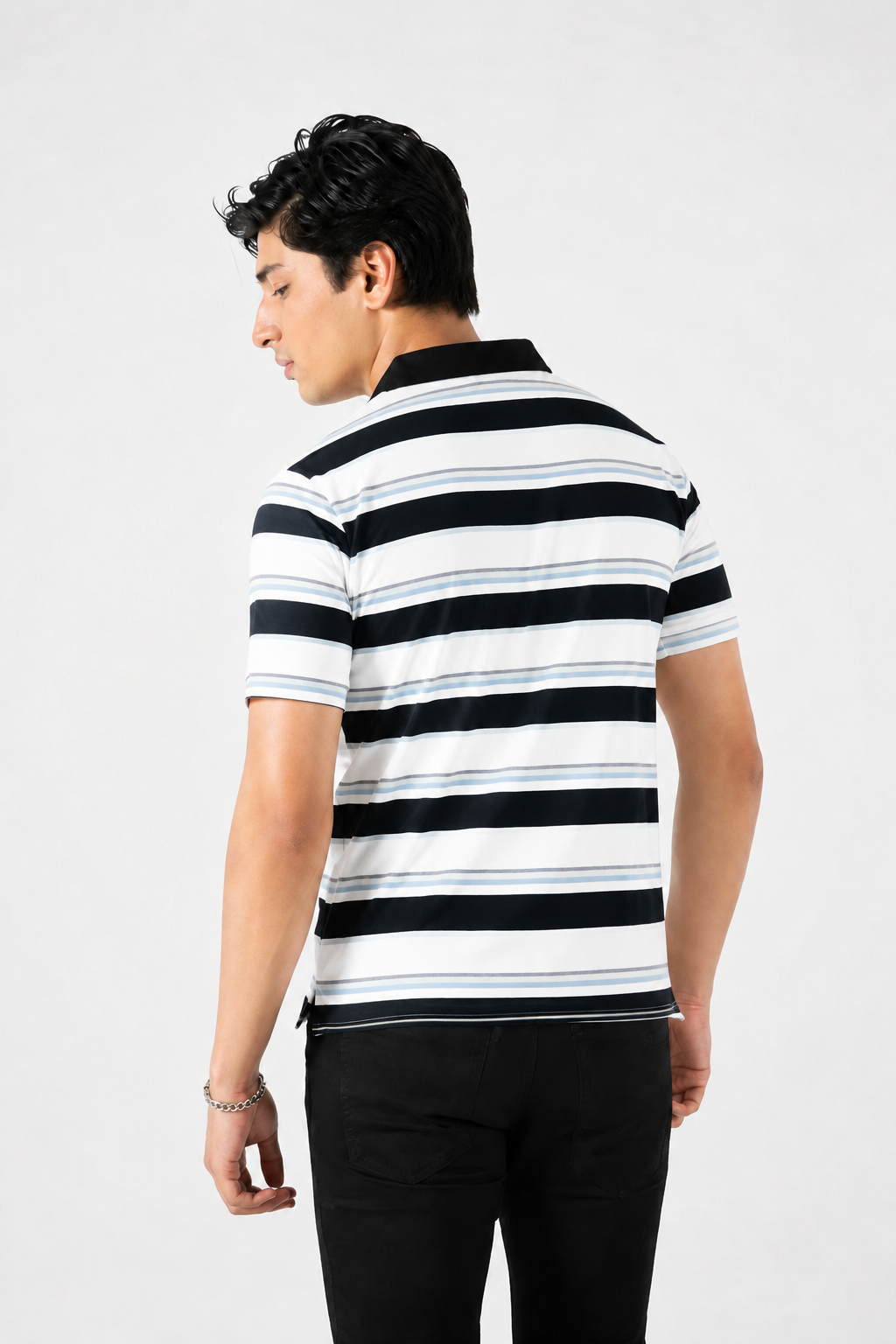 Mens Stripper Polo White Navy