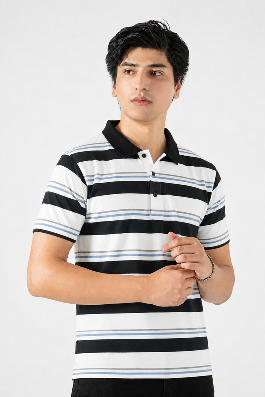 Mens Stripper Polo White Navy