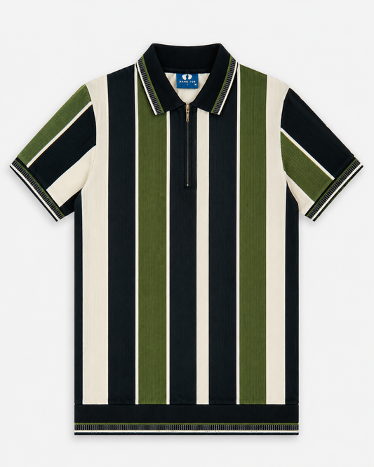 Mens Fashion Zip Polo Offwhite Green